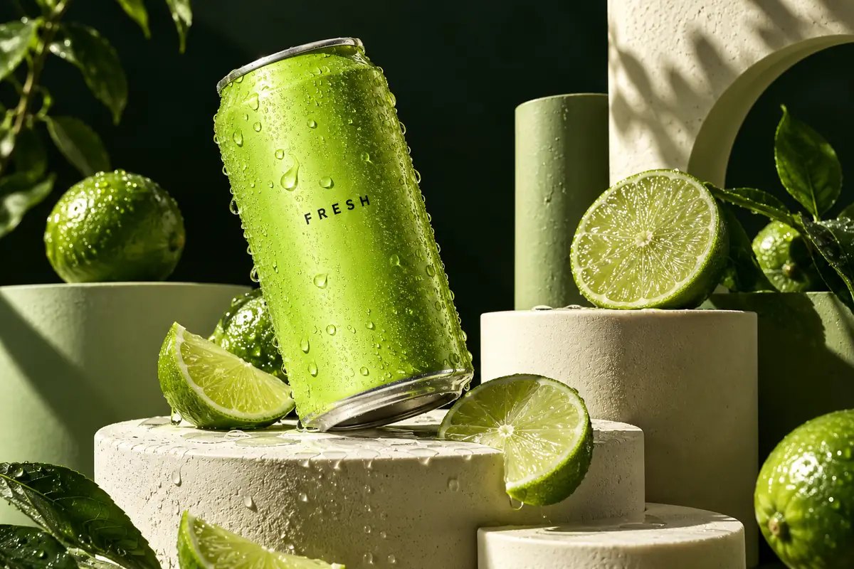Illustrative green beverage campaign with citrus fruit and bold editorial lighting