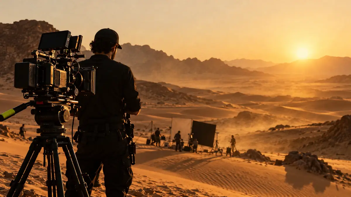 Illustrative production scene with a filmmaker and professional camera in a golden UAE desert landscape